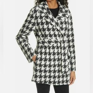 Theory Womens Black & White Belted Houndstooth Print Belted Coat